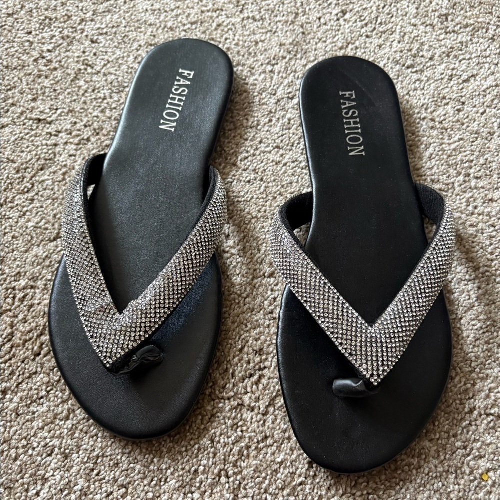 Black Flip-Flops with Silver Crystal Embellishments - Picture 3 of 5